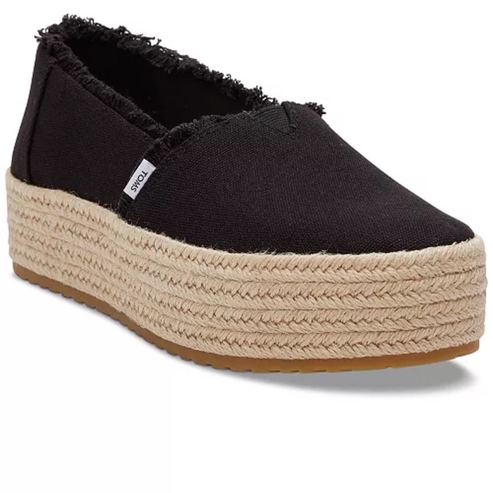 Toms Black Canvas Espadrille Platform Slip-On with Natural Jute Sole